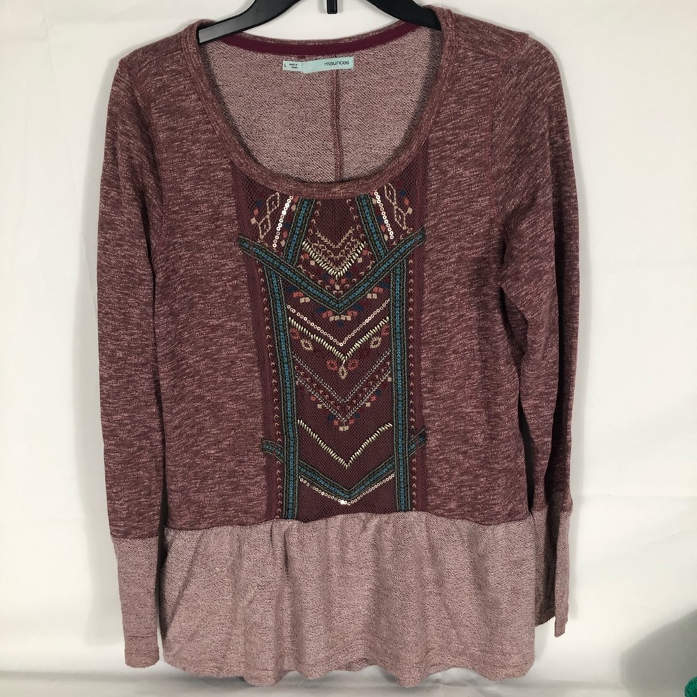 Maurices Shirt Womens Large Peplum Heathered Purple Aztec Southwestern Studded